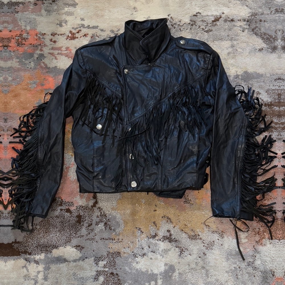 Vintage Chia Fringe Leather Motorcycle Jacket Thinsulate Liner